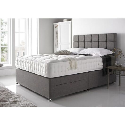 Sr Living Ltd - 4FT6 Grey Linen Divan Bed Set with 20'' Cube Headboard 10'' Spring Mattress & 2 Storage Drawers