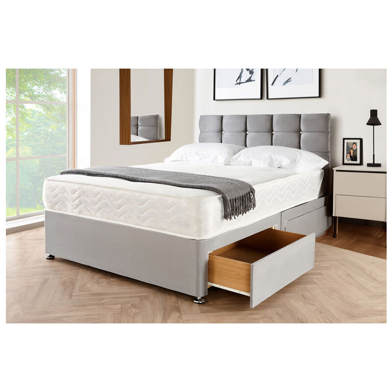 Sr Living Ltd - 4FT6 Grey Suede Plush Divan Bed set with 20'' Cube Headboard & 10'' Spring memory foam mattress (2 Drawers included)