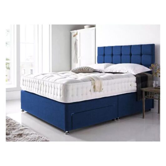 Sr Living Ltd - 5FT Blue Linen Divan Bed Set With memory foam spring mattress 10" Headboard 20" & 2 Drawers
