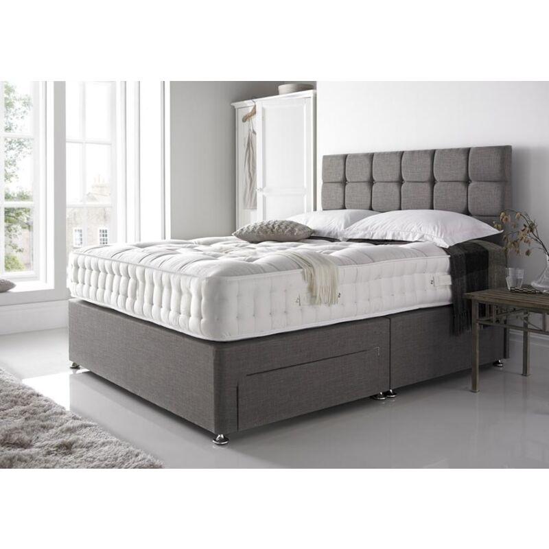 Sr Living Ltd - 5FT Grey Linen Divan Bed Set with 20'' Cube Headboard 10'' Spring Mattress & 2 Storage Drawers