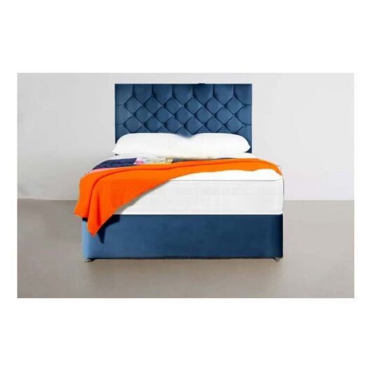 Sr Living Ltd - 5FT King Blue Velvet Divan Bed with 20 inch Buttoned Headboard and 10 inch Spring Memory Mattress and 2 Drawer Options
