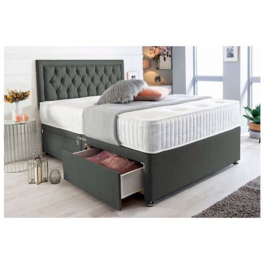 Sr Living Ltd - 5FT King Dark Grey Linen Divan Bedset with Buttoned Strurt 20 inche Headboard & 10iches Spring Memory Foam Mattress 2 drawers Included