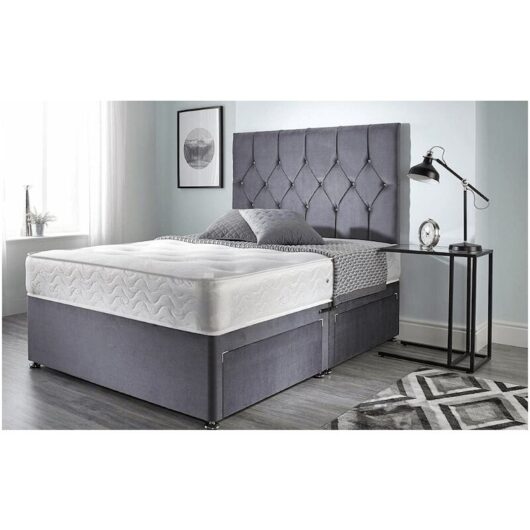 Sr Living Ltd - 5FT King Grey Plush Divan Set with Matching Headboard & Spring Mattress