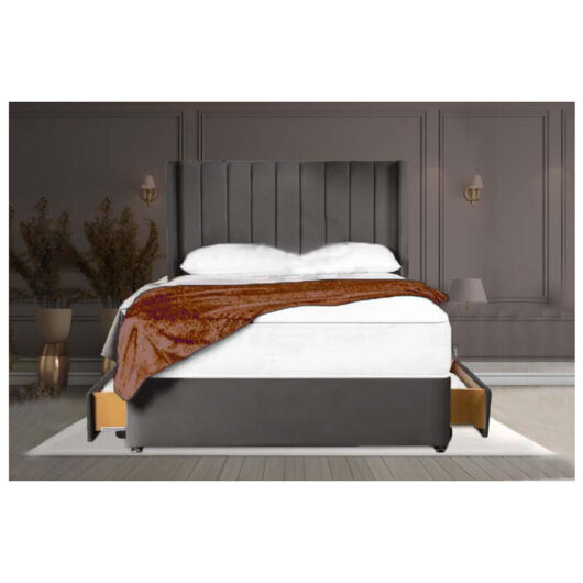 Sr Living Ltd - 5FT King Mink Suede Divan Bed with vertical Linear Headboard, 2 Drawers & Mattress