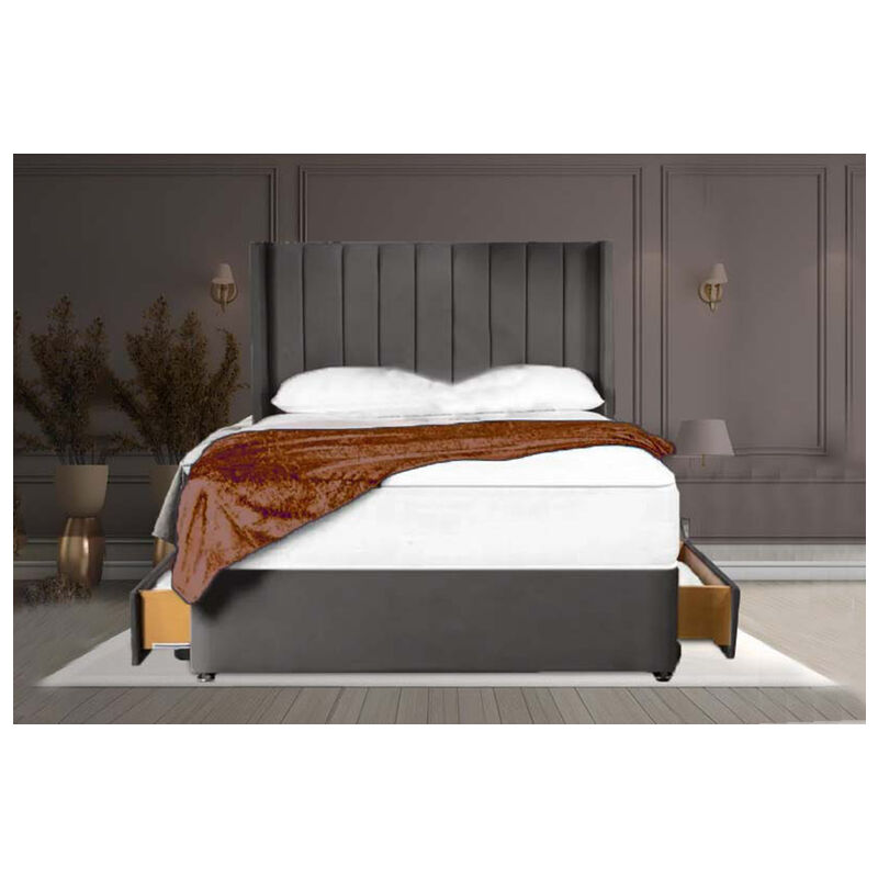 Sr Living Ltd - 5FT King Mink Suede Divan Bed with vertical Linear Headboard, 2 Drawers & Mattress