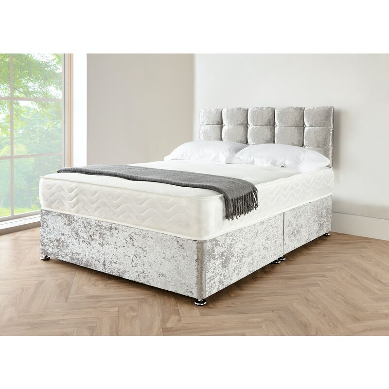 Sr Living Ltd - 5FT Silver crushed velvet Divan Bed with mattress, Cube hb and 0 drawers