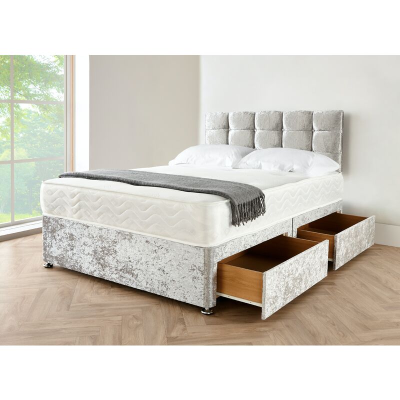 Sr Living Ltd - 5FT Silver crushed velvet Divan Bed with mattress, Cube hb and 2 drawers