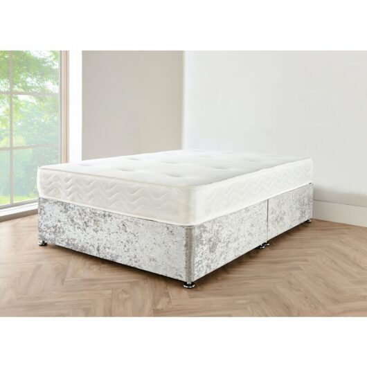 Sr Living Ltd - 5FT Silver crushed velvet Divan Bed with mattress, no hb and 0 drawers