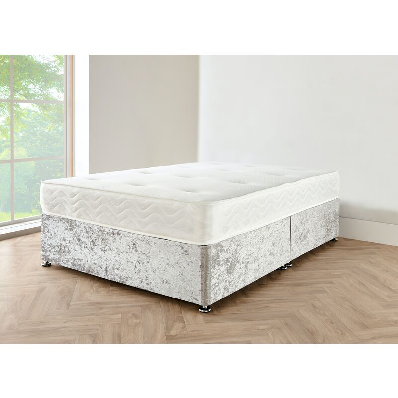 Sr Living Ltd - 5FT Silver crushed velvet Divan Bed with mattress, no hb and 0 drawers