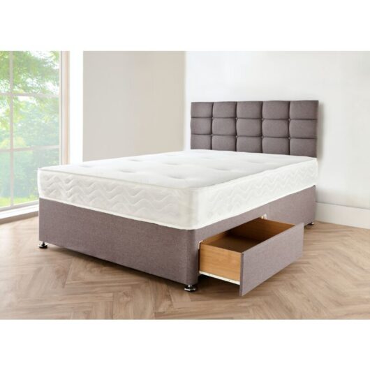 Sr Living Ltd - Grey linen Look Fabric Divan Bed Base with Headboard 3FT single Bed Frame with 20 Inches High cube Headboard With Mattress 10 and 2
