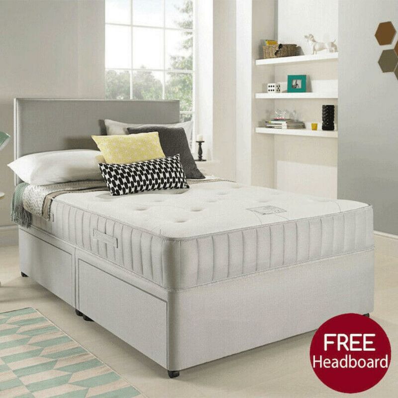 Suede Divan Bed With High Headboard - Brown Suede - 2 Drawers Same Side 4ft6