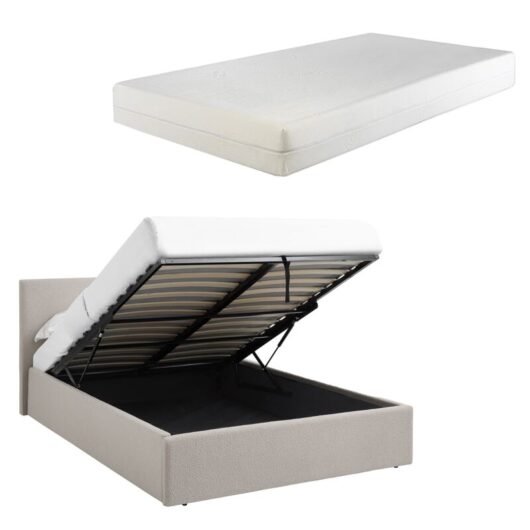 TEDDY BOUCLE 3FT Single Beige Ottoman Storage Bed Gas Lift Up with 15cm Memory Foam Mattress