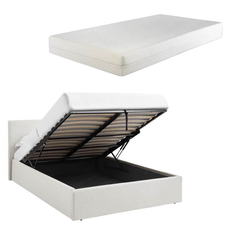 TEDDY BOUCLE 3FT Single White Ottoman Storage Bed Gas Lift Up with 15cm Memory Foam Mattress