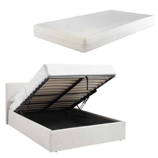TEDDY BOUCLE 3FT Single White Ottoman Storage Bed Gas Lift Up with 20cm Memory Foam Mattress