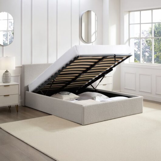 TEDDY BOUCLE 4FT Small Double Beige Ottoman Storage Bed Gas Lift Up with Memory Foam & Spring Mattress