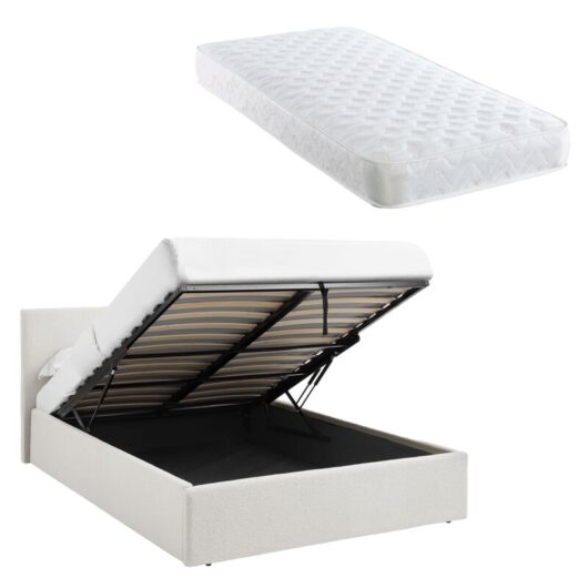 TEDDY BOUCLE 4FT Small Double White Ottoman Storage Bed Gas Lift Up with Bonnell Spring Mattress
