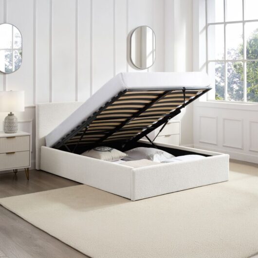 TEDDY BOUCLE 4FT Small Double White Ottoman Storage Bed Gas Lift Up with Memory Foam & Spring Mattress