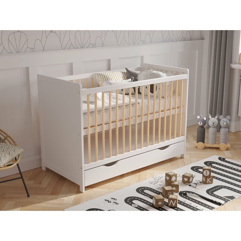 Tokyo Cot Bed 120x60cm with drawer & Aloe Vera mattress (White/Pine)