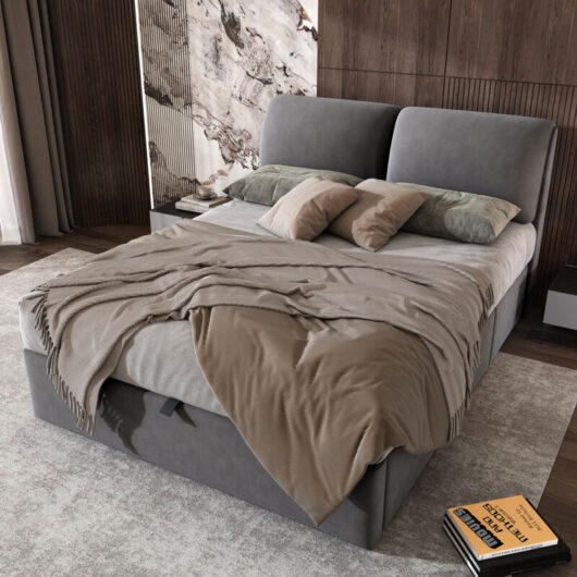 Upholstered 4ft6 Double Bed with Hydraulic Storage,3 Drawers,Slatted Frame&Grey Velvet Headboard(No Mattress)