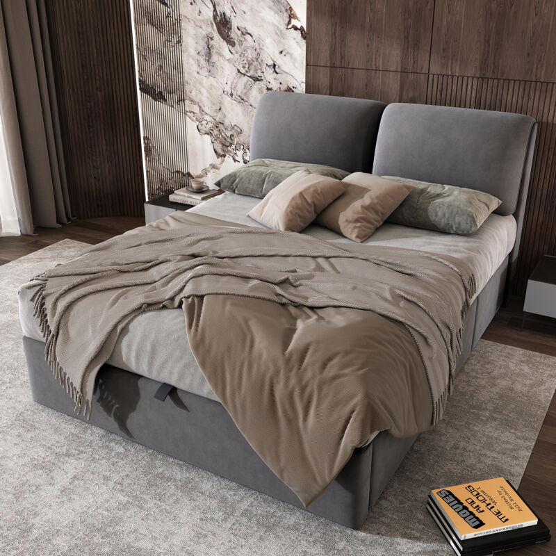 Upholstered 4ft6 Double Bed with Hydraulic Storage,3 Drawers,Slatted Frame&Grey Velvet Headboard(No Mattress)