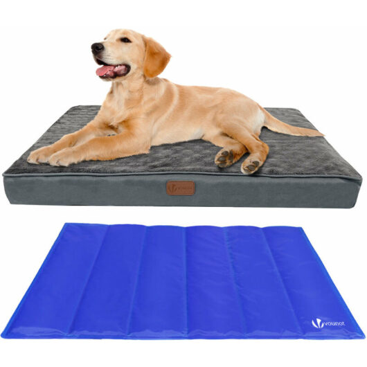 VOUNOT Dog Bed with Cooling Mat, Wahsable Pet Mattress Crate Cushion, Grey 76x51x9cm