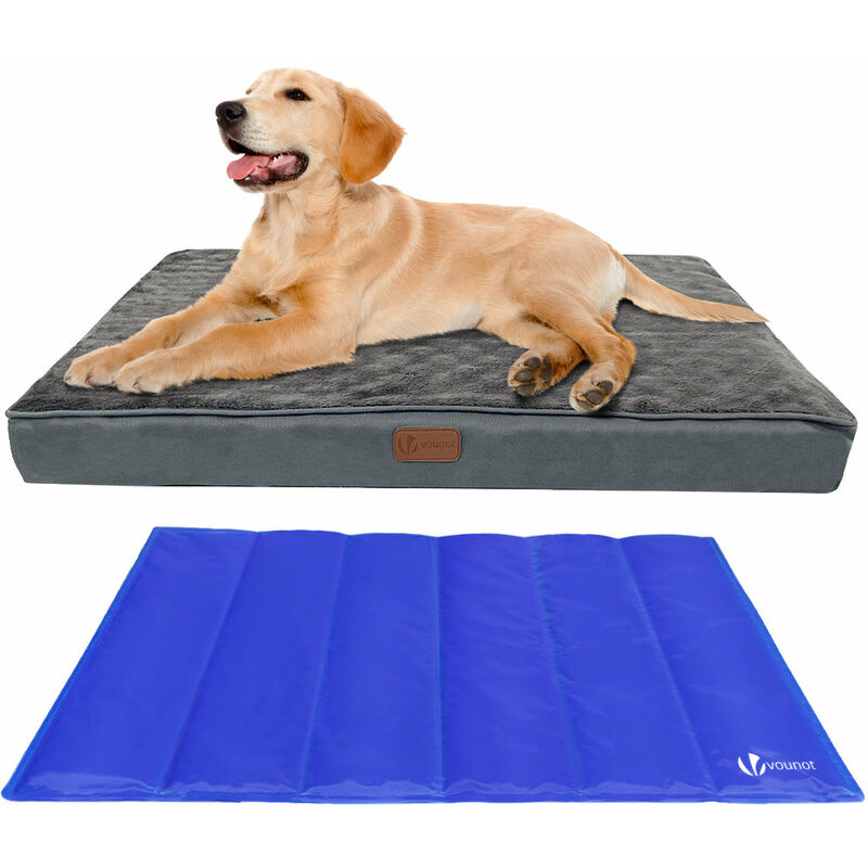 VOUNOT Dog Bed with Cooling Mat, Wahsable Pet Mattress Crate Cushion, Grey 76x51x9cm
