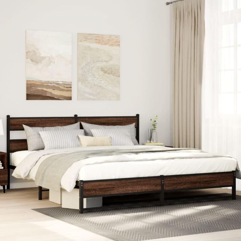 Wooden bed frame, metal children's bed with slatted base, futon bed, vintage metal bed without mattress, brown oak look, 180 x 200 cm