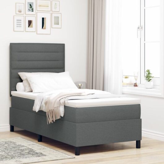 vidaXL Box Spring Bed with Mattress & LED - Dark Grey, 90 x 200 cm Fabric