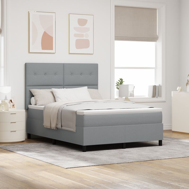 vidaXL Box Spring Bed with Mattress & LED Light in Grey, 140 x 200 cm Fabric