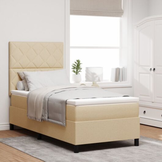 vidaXL Box Spring Bed with Mattress & LED in Cream, 100 x 200 cm, Fabric