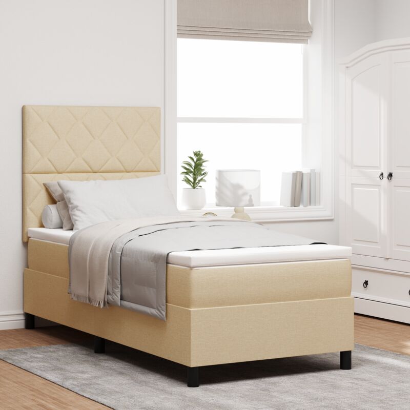 vidaXL Box Spring Bed with Mattress & LED in Cream, 100 x 200 cm, Fabric