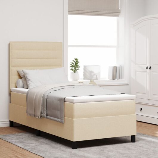 vidaXL Box Spring Bed with Mattress & LED in Cream, 100 x 200 cm, Fabric.