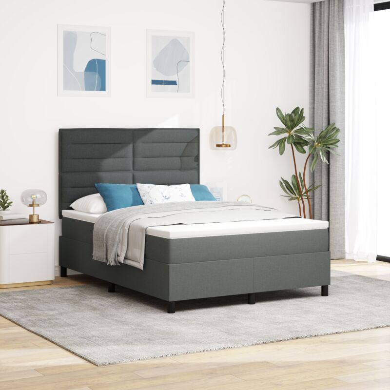 vidaXL Box Spring Bed with Mattress & LED in Dark Grey, 160 x 200cm Fabric